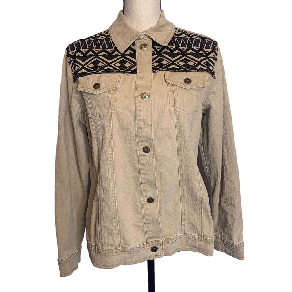 Dg2 Diane Gilman Jean Jacket Womens Large Tan With Black Beads Stretch Denim